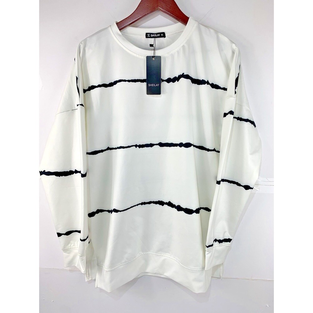 NWT Sheilay‎ Womens Large Long Sleeve White And Black Striped Shirt